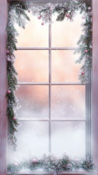 Frosted window with Christmas garland and snowflakes, serene winter holiday mood.