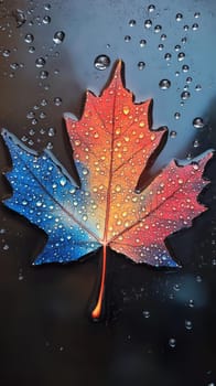 Maple leaf with vibrant colors and water droplets on a reflective surface. Nature and autumn concept.
