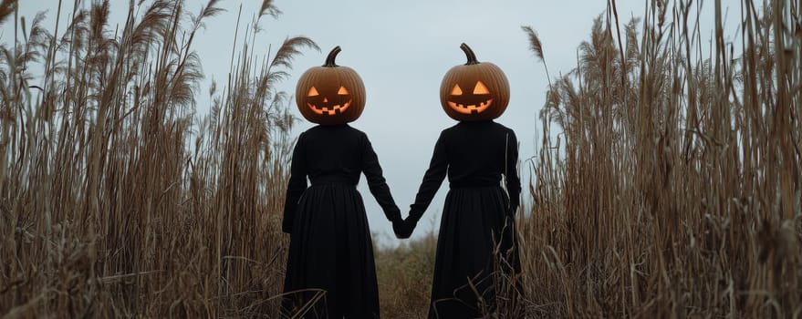 Two figures with pumpkin heads holding hands in a field during autumn. Halloween celebration and spooky concept.