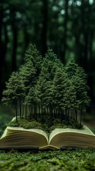 Open book with miniature forest growing from pages, imaginative nature concept.