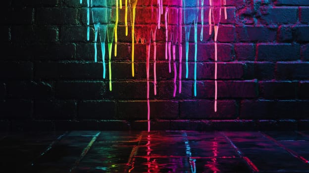 Colorful neon paint dripping on brick wall, vibrant street art scene. Urban creativity and expression concept.