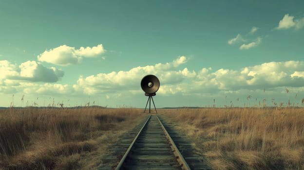 surreal landscape with giant speaker on abandoned railway in open field, conceptual art.