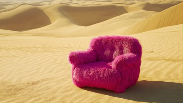 Pink fluffy chair in the desert, surreal art concept.