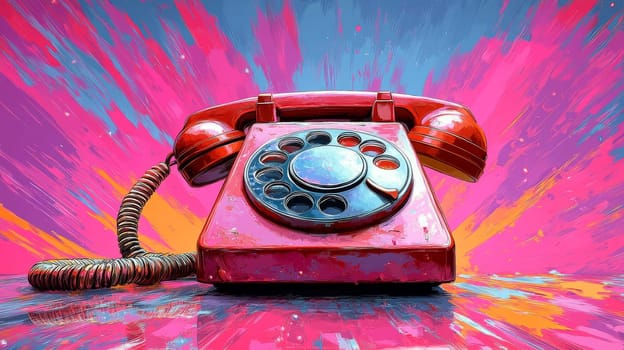 Red vintage rotary dial telephone against colorful abstract background. Retro communication and nostalgia concept.