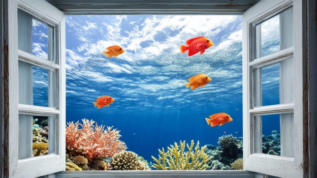 Underwater view through open window with tropical fish and coral reefs, ocean tranquility concept.