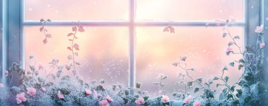 Frosted window with blooming flowers, winter sunrise view. Serene nature and tranquility concept.