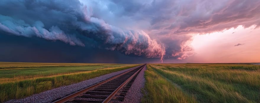 Railroad track under dramatic stormy sky with lightning, landscape view. Intense weather and nature power concept.