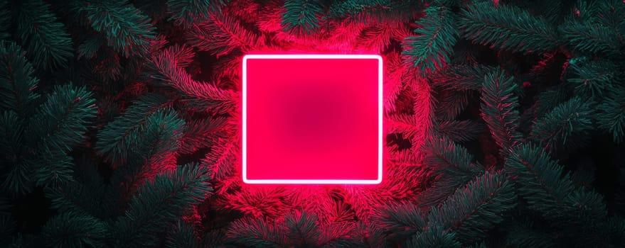 Neon pink square glowing among pine branches.