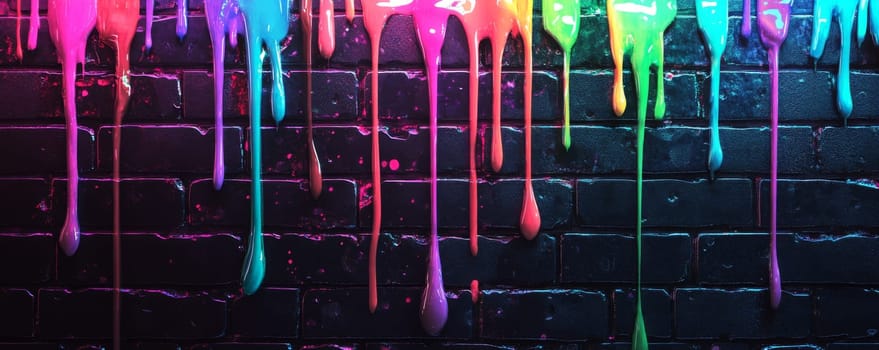 Colorful paint drips on a black brick wall.