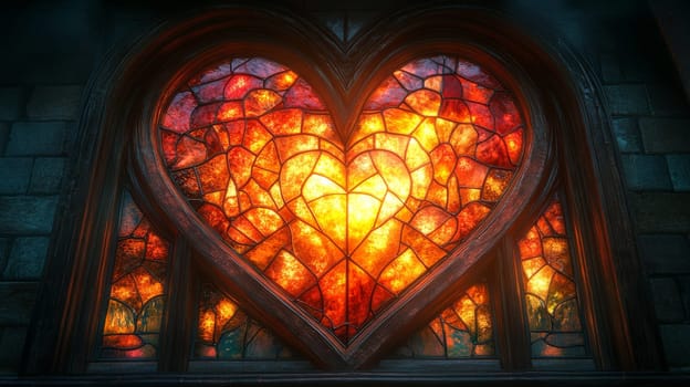 Heart shaped stained glass window with vibrant colors in a gothic setting, romantic architecture concept.