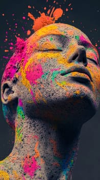 Colorful powder on stone face sculpture with paint splashes, artistic expression concept.