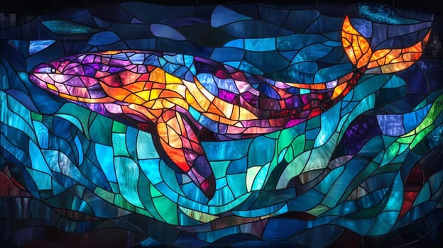 Stained glass whale artwork in vibrant colors, oceanic theme. Artistic expression and marine life concept.