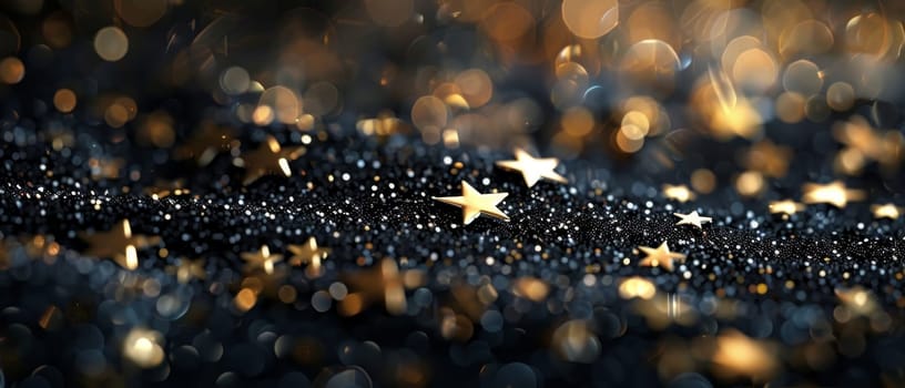 A magical display of golden stars sparkling against a dark, mystical background, creating a festive and enchanting atmosphere