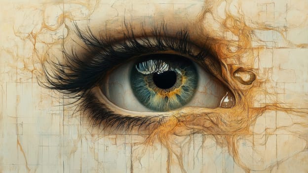 Close-up of a blue-green eye with intricate tear detail, abstract artistic interpretation. Emotion and introspection concept.