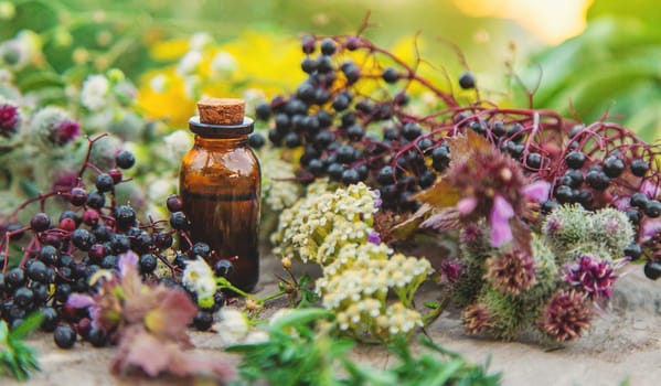 Flower and herbal extract in a bottle. Selective focus. nature.
