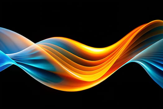 Colorful wave patterns in blue and orange blend together in a smooth, flowing motion, captivating with their dynamic shapes and rhythm against a dark backdrop.