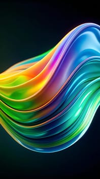 Vivid waves of color intertwine gracefully, showcasing a spectrum of greens, blues, and oranges. The abstract design radiates energy and movement.