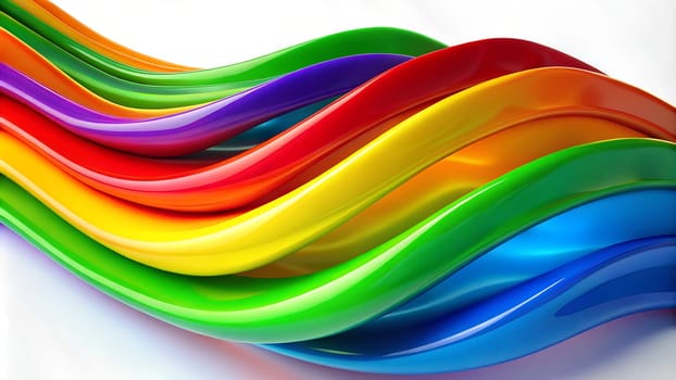 A series of wavy plastic strips in vibrant colors intertwine to create a striking visual effect, showcasing shades of red, orange, yellow, green, blue, and purple.