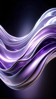 Curved layers of purple and silver material undulate softly against a deep black backdrop, highlighting movement and elegance in an abstract composition.