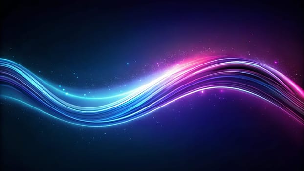Bright, smooth waves of blue and pink light flow dynamically across a dark background, creating an energetic and mesmerizing visual effect that captivates the viewer.