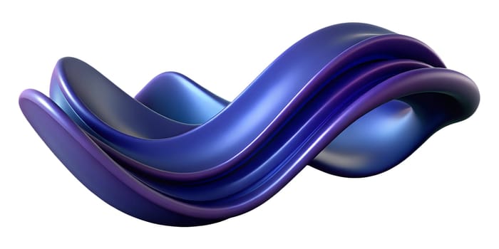 A dynamic sculpture with smooth blue and purple curves showcases an elegant design, inviting viewers to appreciate its fluid form against a minimalist background.