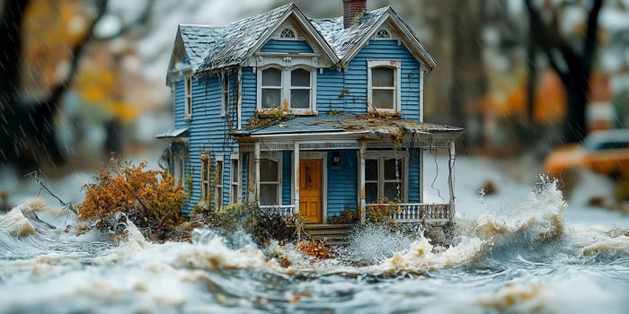 diorama of a house that's been damaged by a natural disaster