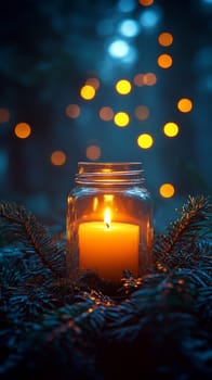 Candle in a jar with bokeh lights and pine branches, cozy winter atmosphere concept.