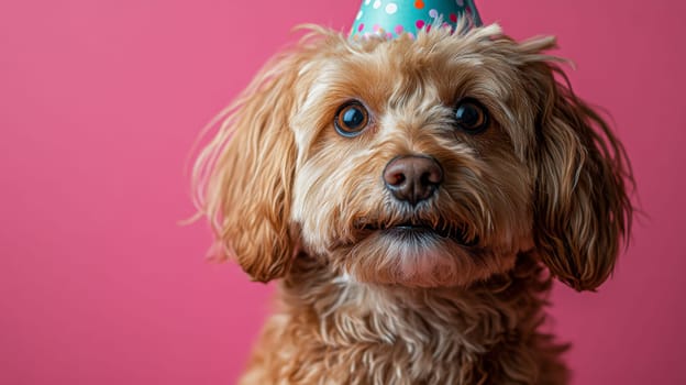 Dog wearing birthday party hat against pink background, celebration concept.
