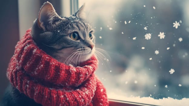 Cat in red scarf looking at snowflakes through window, cozy winter scene. Warmth and comfort concept.