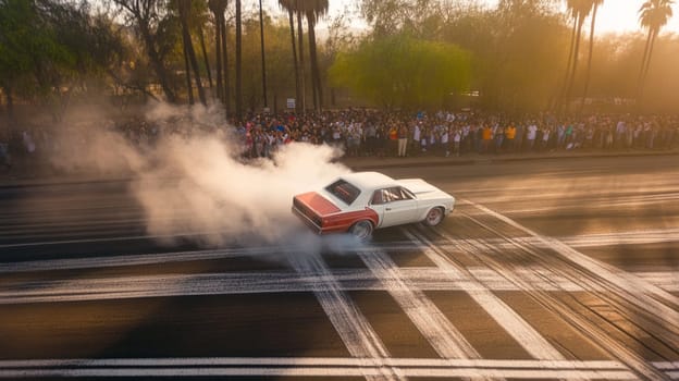 Powerful sports cars race through city streets at sunset, leaving a trail of smoke, thrilling spectators with high speed action