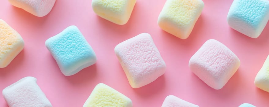 Colorful marshmallows on pastel pink background.