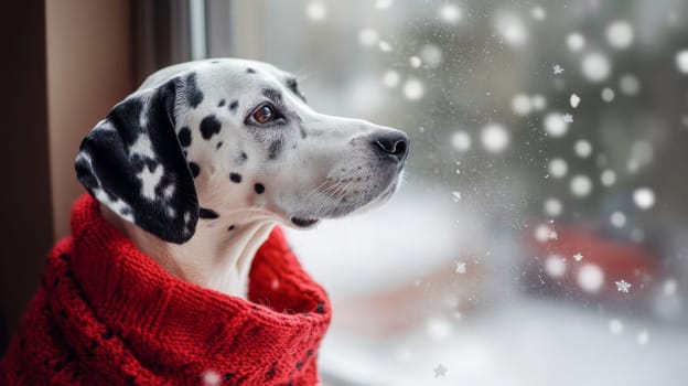 Dalmatian dog wearing red sweater looking through window on snowy day. Winter and coziness concept.