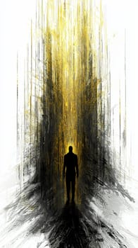 Lone silhouette peacefully walks towards a radiant golden light, evoking hope and faith in a surreal spiritual journey