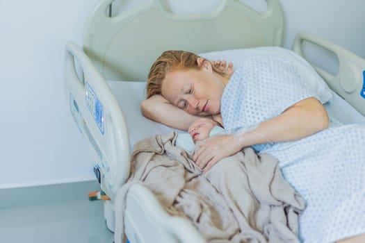A baby lies with the mother after childbirth, resting peacefully. The serene moment captures the bond between mother and child as they begin their journey together. The hospital environment ensures a safe and comforting space for this intimate interaction.