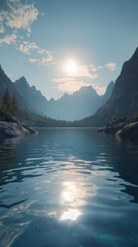 Mountain landscape with serene lake and sunrise reflection, peaceful nature concept.