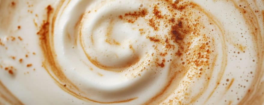 Close-up of frothy coffee with cinnamon swirl, textured surface. Warm beverage and autumn concept.