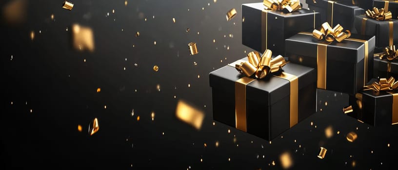 Black gift boxes with golden ribbons surrounded by confetti on a dark background, representing luxury and celebration.