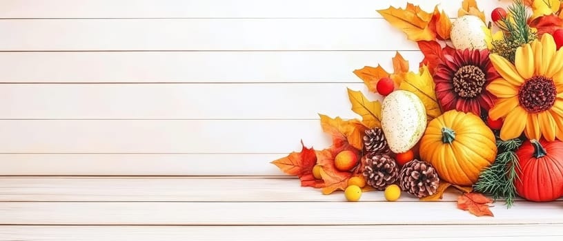 Bright autumn flowers and pumpkins on a wooden backdrop, providing ample copy space for seasonal and festive designs.