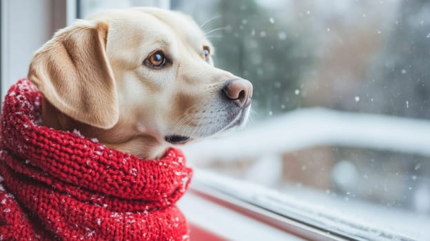 Dog in red scarf looking out of window on a snowy day, winter coziness and contemplation concept.