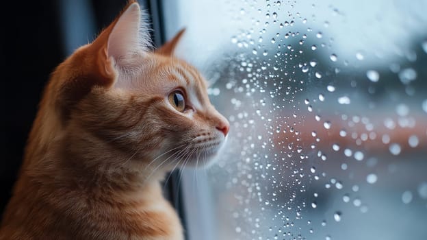Ginger cat looking through rain-soaked window with a serene expression. Cozy indoor atmosphere concept.