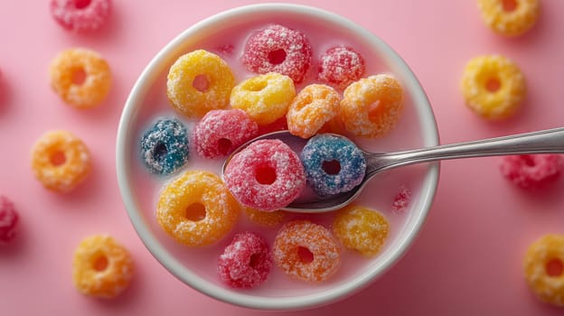 Colorful cereal rings in milk with spoon, vibrant breakfast scene. Fun and playful morning concept.