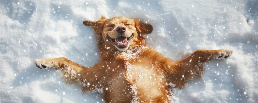 Golden retriever playing in the snow, joyful winter scene. Happiness and carefree moment concept.
