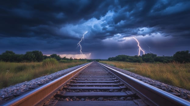 Railroad tracks under stormy sky with lightning, landscape view. Atmospheric nature and adventure concept.