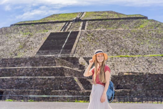 Female tourist exploring Teotihuacan, Mexico. Cultural heritage, ancient ruins, and archaeological adventure concept.