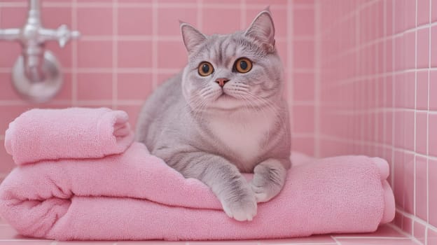 Gray cat resting on pink towels in tiled bathroom. Cozy domestic pet portrait concept.
