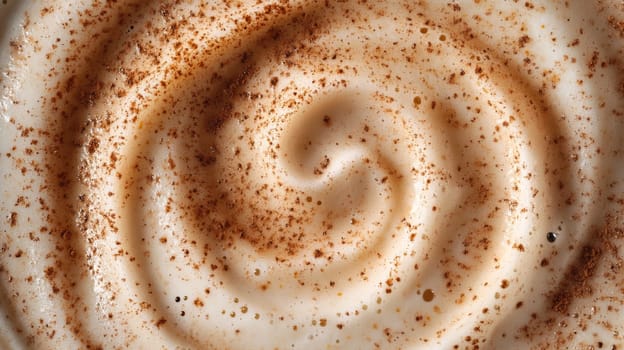 Close-up of creamy swirl with cinnamon topping, dessert texture. Culinary art concept.
