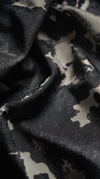 Detailed close-up of black and grey camouflage fabric, textile texture concept.