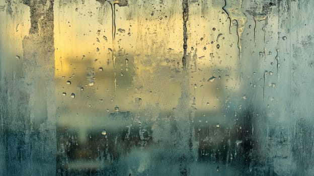 Foggy window with raindrops at sunrise, abstract view. Tranquility and nature concept.