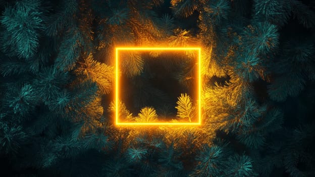 Glowing yellow square frame surrounded by pine branches, abstract nature concept.