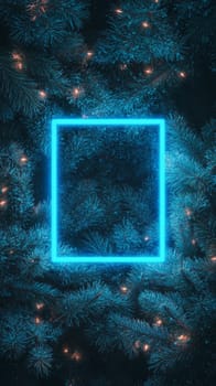 Neon blue square frame on pine branches with lights, festive decoration concept.